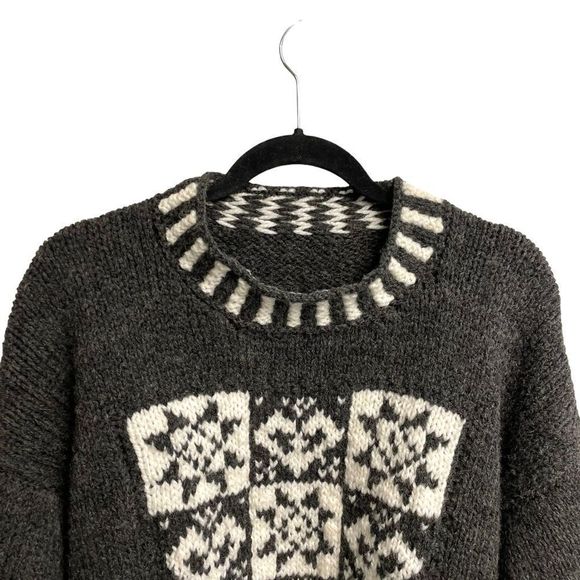 Wool Hand Knit Chunky Knit Crew Neck Long Sleeve Sweater Grey White XL - Picture 2 of 6